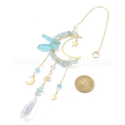 Natural Aquamarine Chips & Brass Moon Pendant Decorations&nbsp;HJEW-TA00066-04
