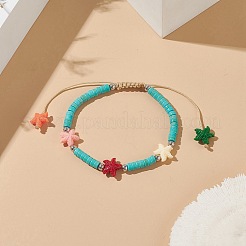Dyed Synthetic Turquoise(Dyed) Heishi Beaded Bracelets with Dyed Synthetic Coral Starfish&nbsp;BJEW-JB09194-01