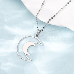 304 Stainless Steel Double Hollow Moon Pendant Cable Chain Necklaces for Men Women&nbsp;NJEW-K308-01E-P