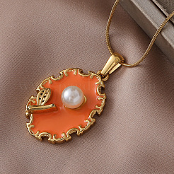 304 Stainless Steel Enamel Oval with Flower Pendant Necklaces with Imitation Pearl&nbsp;UX2387