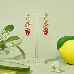 Natural Pearl & Alloy Enamel Flower & Lampwork Strawberry Dangle Stud Earrings&nbsp;EJEW-TA00143