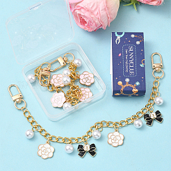 2Pcs 2 Styles Alloy Enamel Flower Butterfly Charm Brass Bag Decorative Chains&nbsp;HJEW-SC0002-60