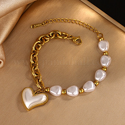 Heart 304 Stainless Steel & Plastic Imitation Pearl Pendant Necklaces & Charm Bracelets Sets&nbsp;FS-WGD716F-03