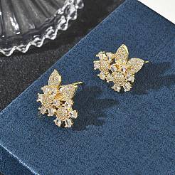 Floral Leaf Brass & Clear Marquise and Round Cut Cubic Zirconia Stud Earrings&nbsp;KK-CBA36A2-09G