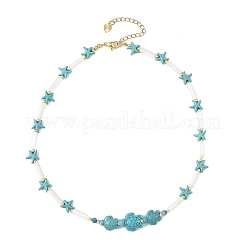 Summer Beach Dyed Synthetic Turquoise Starfish Turtle & Natural Shell Column Graduated Beaded Necklaces with Natural Apatite Faceted Round Beads&nbsp;NJEW-JN06601-02