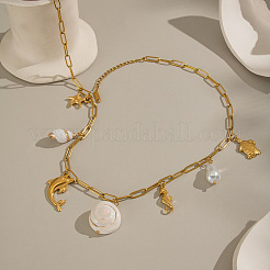Summer Beach 304 Stainless Steel & Natural Shell Starfish Dolphin Sea Horse Pendant Paperclip Chain Necklaces for Women&nbsp;ZQ6874