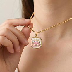Mother's Day Brass Enamel Pink Heart Mom Openable Square Locket Pendant Necklaces for Women&nbsp;WGB75E5-01