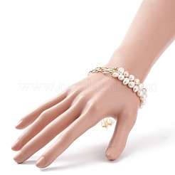 2Pcs 2 Color Natural Pearl Beaded Link Bracelets Set with Brass Paperclip Chains for Women&nbsp;BJEW-JB08777