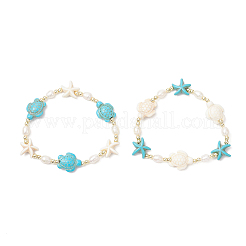 2Pcs Turtle and Starfish Synthetic Turquoise Beads & Natural Cultured Freshwater Pearl Beads Bracelets for Women&nbsp;BJEW-JB12046