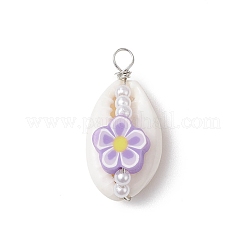 Natural Cowrie Shell & Handmade Polymer Clay Copper Wire Wrapped Pendants&nbsp;PALLOY-JF03818-01