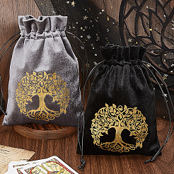 2Pcs 2 Styles Rectangle Gold Stamping Tree of Life Velvet Tarot Storage Drawstring Bags for Divination&nbsp;ABAG-CN0001-53