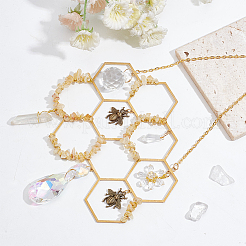 Brass Honeycomb & Yellow Quartz Chip Pendant Decorations&nbsp;HJEW-WH0069-33