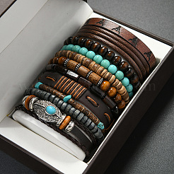 11Pcs 11 Styles Alloy & Wood & Coconut & Synthetic Turquoise Round Beads Stretch Bracelets & PU Leather Cord Bracelets Sets&nbsp;FS-WG1CC63-01