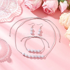 Round Natural Chalcedony Imitation Aquamarine Beaded Necklace & Bracelet & Dangle Earring Sets&nbsp;SJEW-JS01336