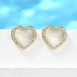 Heart Brass Micro Pave Cubic Zirconia Ear Studs&nbsp;EJEW-D304-40G