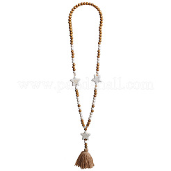 Bohemian White Resin Imitation Turquoise & Wood Beaded Mala Necklaces with Jute Cord Tassel&nbsp;FS-WG73E7D-01