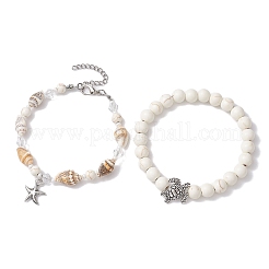 2Pcs 2 Style Synthetic Howlite & Glass & Shell Stretch Bracelets with Tortoise&nbsp;BJEW-JB10091-03