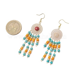 304 Stainless Steel Synthetic Turquoise Flat Round Dangle Earrings&nbsp;EJEW-JE06454-01