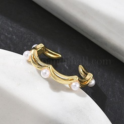 Brass with ABS Plastic Pearl Cuff Open Rings&nbsp;RJEW-Z145-07G