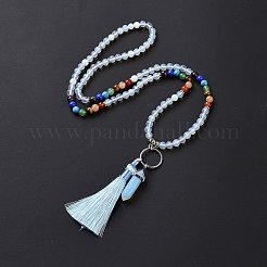Opalite Bullet & Tassel Pendant Necklace with Mixed Gemstone Beaded Chains&nbsp;NJEW-E585-02F