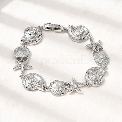 Summer Beach Brass Micro Pave Clear Cubic Zirconia Starfish & Shell Shape Link Chain Bracelets&nbsp;BJEW-C118-02A-P