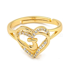 Heart with Letter Rack Plating Brass Micro Pave Clear Cubic Zirconia Adjustable Rings for Women&nbsp;RJEW-I105-01G-J