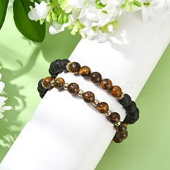 Adjustable Natural Tiger Eye and Natural Lava Rock Stretch Bracelets&nbsp;BJEW-JB14150-02