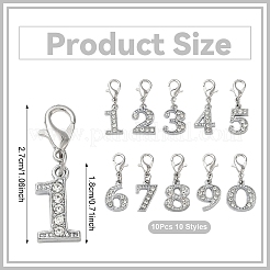 10Pcs 10 Styles Number 0~9 Alloy Rhinestone Pendant Decorations&nbsp;HJEW-YW00549