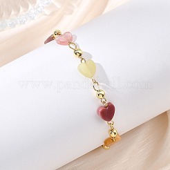 Heart Natural Rose Quartz & Cherry Quartz Glass & Rhodonite & Crazy Agate & Synthetic Goldstone Beaded Link Chain Bracelets for Women&nbsp;BJEW-JB13910