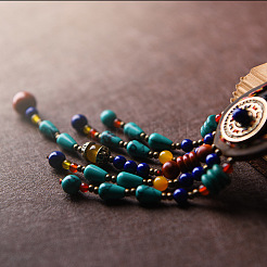 Ethnic Style Synthetic Turquoise & Natural Red Jasper & Natural Yellow Agate Teardrop Tassel Pendant Necklaces&nbsp;FS-WG6AE62-01