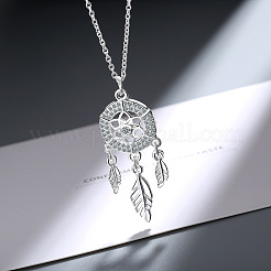 Brass Pave Clear Cubic Zirconia Flower Woven Web/Net with Feather Pendant Necklaces for Women&nbsp;WGCDCED-01