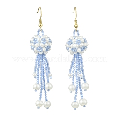 Glass Seed with Glass Pearl Tassel Dangle Earrings&nbsp;EJEW-MZ00727-01