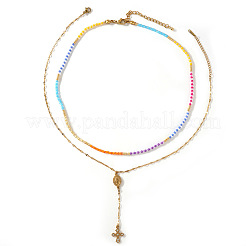 304 Stainless Steel Pendant Colorful Glass Beaded Double Layer Necklaces for Daily Wear&nbsp;WG8061-2