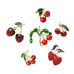 6Pcs 6 Styles 3D Resin Cherry Brooch Pin with Rhinestone&nbsp;JEWB-CJ0001-32
