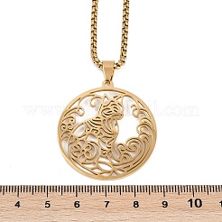 Ring with Cat Shape Pattern 201 Stainless Steel Pendant Necklaces for Men Women&nbsp;LS-NJEW-K283-13G