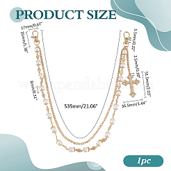 1Pc Alloy & Iron & Round White Imitation Pearl Link Chain Double Layer Cross Charm Pants Chains&nbsp;HJEW-ME0002-24