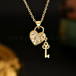 Elegant Brass Pave Clear Cubic Zirconia Heart-shaped Key Ppendant Necklaces for Women&nbsp;TC5347