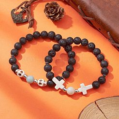 2Pcs 2 Style Skull & Cross & Round Natural & Synthetic Mixed Gemstone Beaded Stretch Bracelets Set&nbsp;BJEW-JB09519