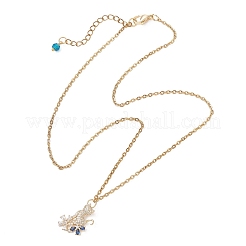 Cat with Flower Brass Pave Blue and Clear Cubic Zirconia Pendant 304 Stainless Steel Cable Chain Necklaces for Women&nbsp;NJEW-JN05715