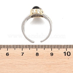 Natural Black Agate & Natural Tiger Eye with Brass Cuff Open Rings&nbsp;RJEW-B163-01GP-02