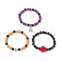 3Pcs Halloween Theme Baking Paint Glass Round Beads Stretch Bracelets for Women&nbsp;BJEW-MZ00186