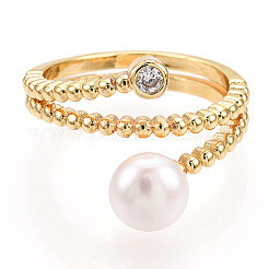 Natural Pearl Double Lines Finger Ring with Rhinestone&nbsp;PEAR-N020-06J