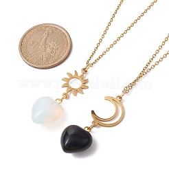 2Pcs 2 Style Opalite & Natural Obsidian Heart Pendant Necklaces Set&nbsp;NJEW-JN04484