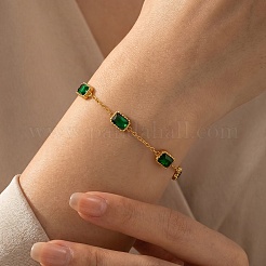 304 Stainless Steel Pave Green Cubic Zirconia Rectangle Link Chain Bracelets for Women&nbsp;WG18125-01
