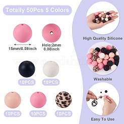 50Pcs 5 Colors Silicone Beads Loose Silicone Beads Kit Leopard Print Silicone Beads for Keychain Making Bracelet Necklace&nbsp;SIL-TA0003-35A