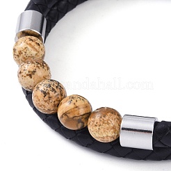 Mixed Stone Round Bead Leather Cord Multi-strand Bracelets&nbsp;BJEW-A009-10P