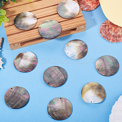 10Pcs Flat Round Natural Black Lip Shell Pendants&nbsp;SSHEL-TA0001-20