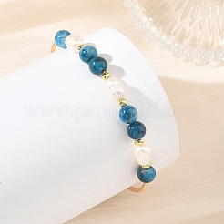Natural Apatite Round and Rice Pearl Beaded Copper French Wire Cuff Bangles&nbsp;BJEW-JB14374-01