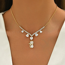 Brass Clear Cubic Zirconia Cat Heart Pendant Necklaces for Women&nbsp;IE0348