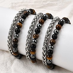 Natural Tiger Eye & Obsidian & Hematite Round Beads Multi-strand Bracelets&nbsp;BJEW-D330-02P-09